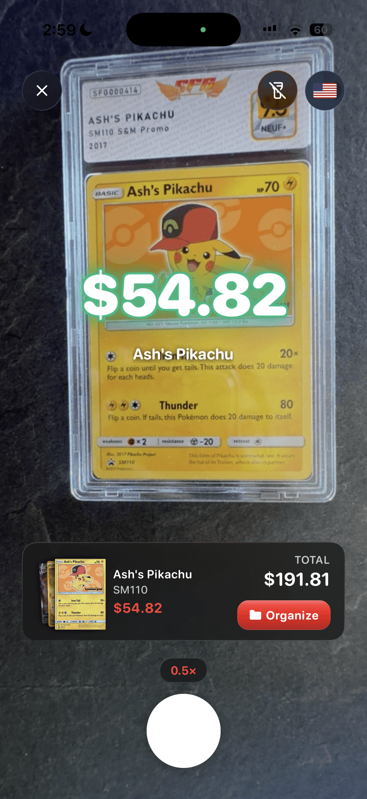 Neodex scanning a Pokémon card with live price overlay